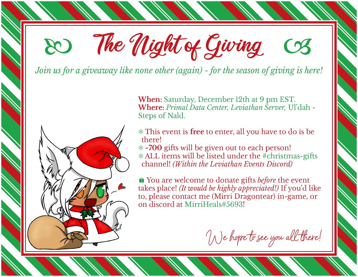 MDragontear's tweet photo. **The Night of Giving** is TONIGHT!
It starts at **9 pm EST**, on the **Leviathan** server, in **U'ldah**!
**We are giving out 700 FREE gifts!** :pusheengift:
https://t.co/sASnWhpW8a
#ffxiv #playerevents https://t.co/QHFTxKlONr