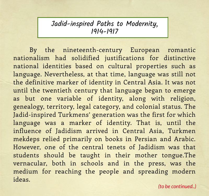 TurkmenFACTS's tweet photo. In the final years of the Russian Empire, an intellectual awakening among Muslims reached Turkestan, and finally Transcaspia, where reformists, in their aim to make society modern, encouraged new methods of teaching and advanced social norm. 

⬇️ Read about them below. https://t.co/zFMg7vUwPj