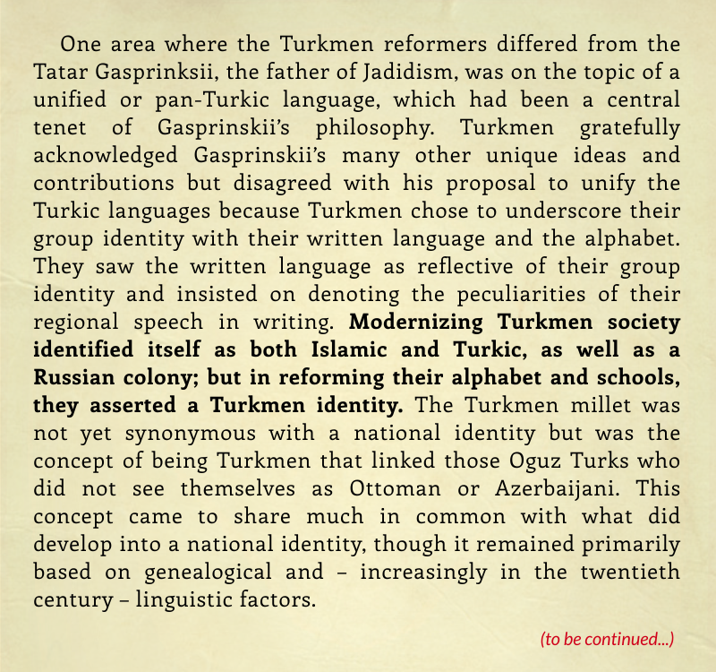 TurkmenFACTS's tweet photo. In the final years of the Russian Empire, an intellectual awakening among Muslims reached Turkestan, and finally Transcaspia, where reformists, in their aim to make society modern, encouraged new methods of teaching and advanced social norm. 

⬇️ Read about them below. https://t.co/zFMg7vUwPj