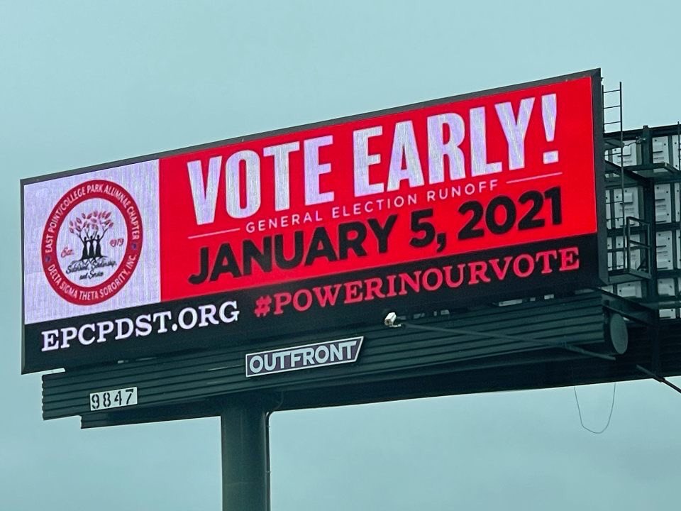 epcpdst's tweet photo. Hey Hey Hey! We have the south side covered!! We also have signs on the interior of ALL buses coming out of the Hamilton garage!! Early voting starts 12/14,/20. Let’s do it again GA!! #EPCPDST #PowerInOurVote #DST #TeamUnity #WeVoteD9 #YourVoteMatters @dstinc1913 @southerndst1913 https://t.co/xE0kYGd9B5