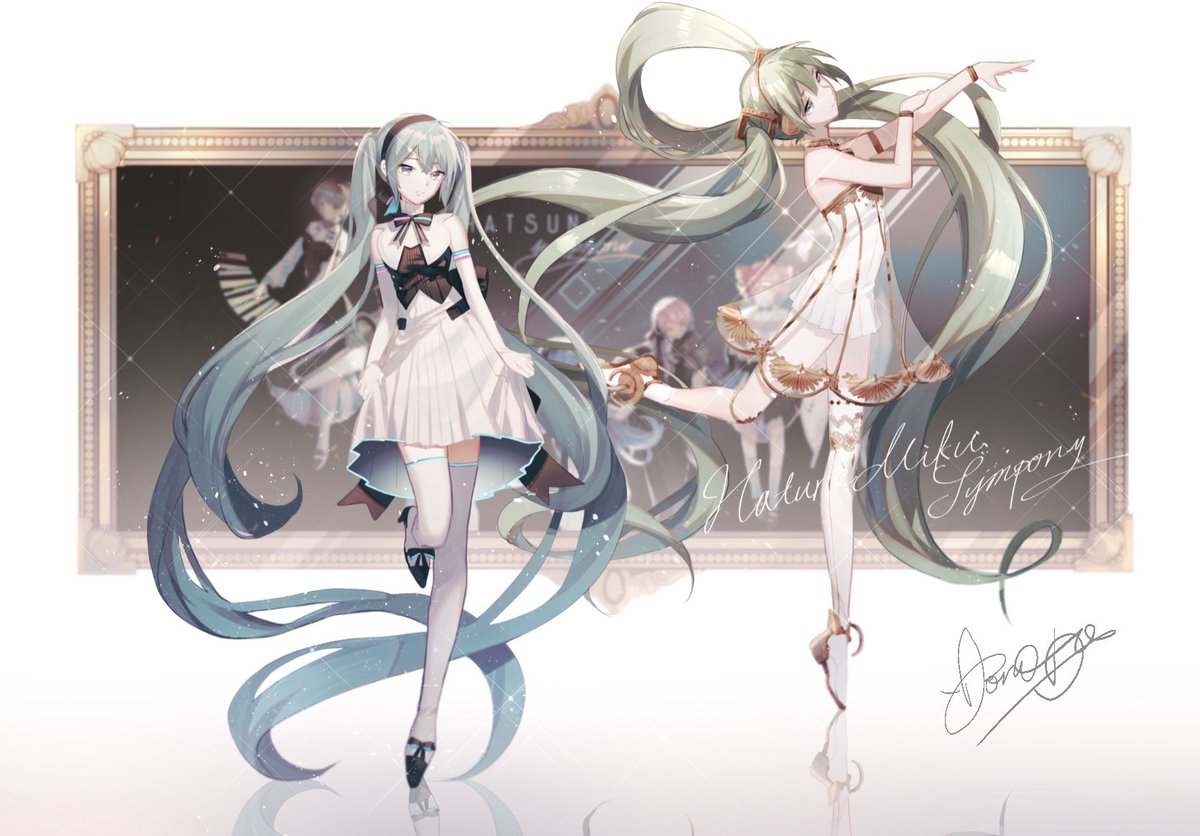 hatsune miku thighhighs very long hair long hair dress twintails multiple girls white dress  illustration images