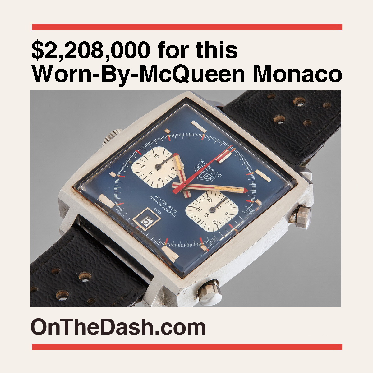 Fantastic result on <a href="/phillipswatches/">PHILLIPS Watches</a> sale of this worn-by-McQueen Monaco this morning . . . over twice the price of any previous Heuer chronograph.  

Our thoughts on the auction, here -- onthedash.com/monaco-mcqueen…

Congratulations <a href="/TAGHeuer/">TAG Heuer</a>
