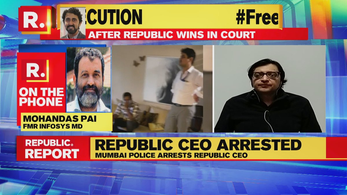 republic's tweet photo. #FreeRepublicCEONow | This is an absolute assault on freedom of expression. The people of India are with Republic, we are with you: @TVMohandasPai on Republic CEO's arrest. Watch here - https://t.co/jghcajZuXf https://t.co/3IZf5yajjL