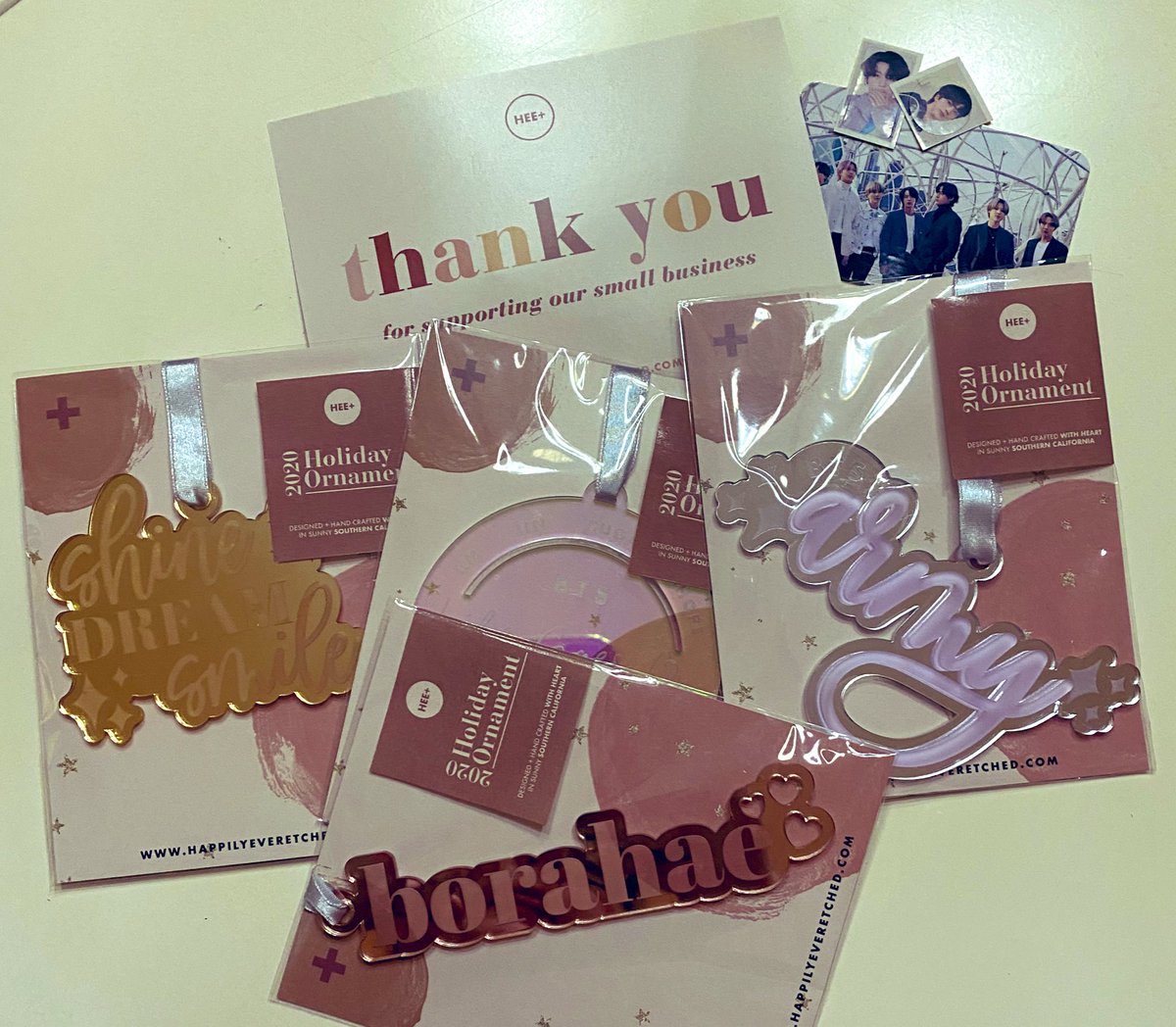 beautywhereyou1's tweet photo. I just received my GA prize from @its_jenee @happilyeveretch and could not be MORE in love! These @BTS_twt and #ARMY ornaments are GORGEOUS, as was the adorable packaging! https://t.co/JexRIXWPmK