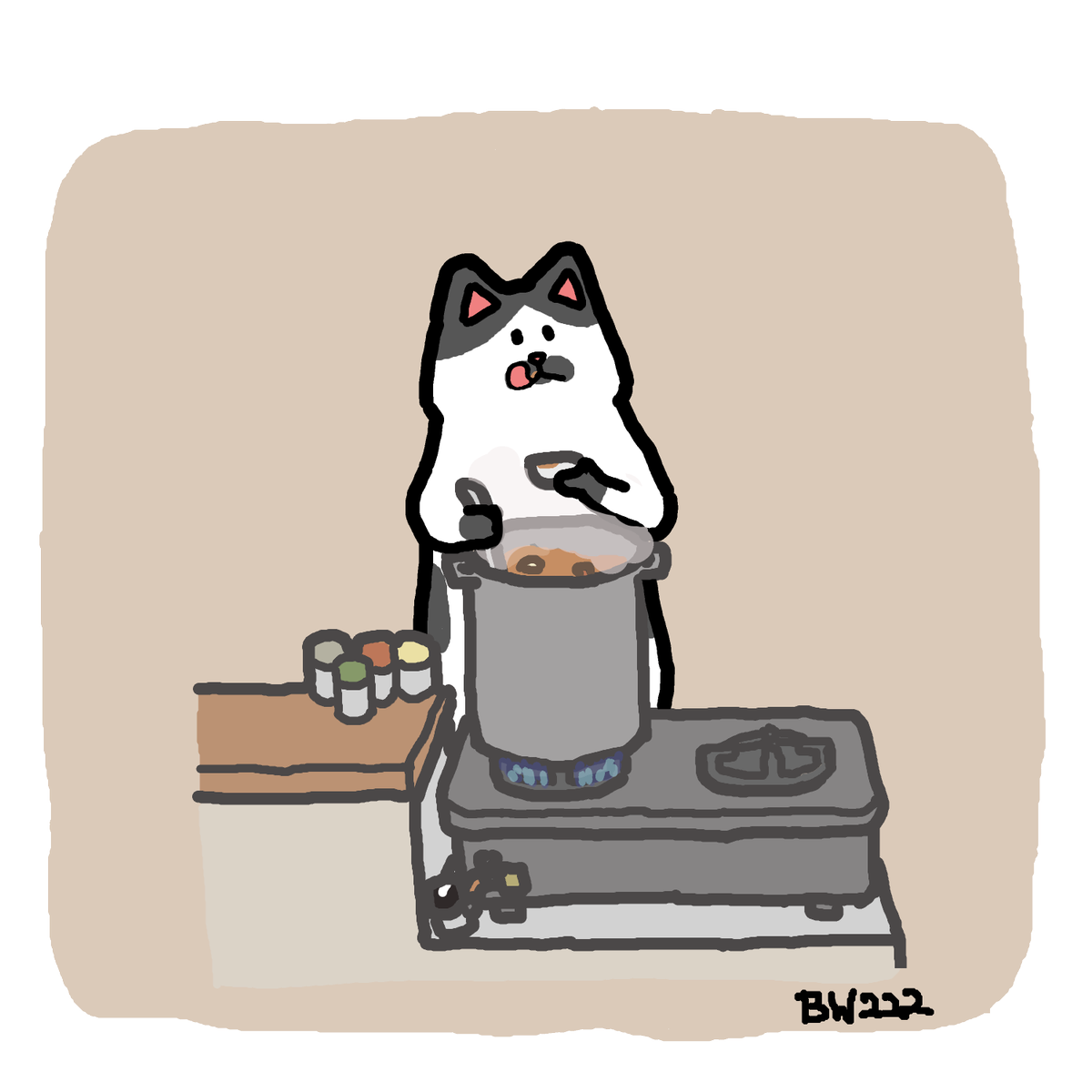くろもり 深なべで料理をしているネコさんのつづきを描きました 料理 キッチン ガスコンロ 味見 ゆるいイラスト イラスト好きさんと繋がりたい 創作 冬の創作クラスタフォロー祭り 猫 イラスト練習中