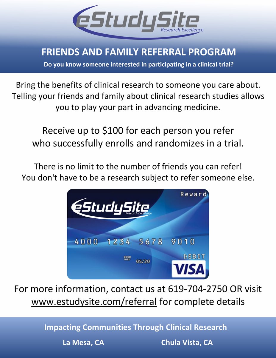 eStudySite's tweet photo. eStudySite Refer-a-Friend Program: https://t.co/6ovJlWtwdp

Therapeutic Areas:
• COVID-19 Vaccines
• Osteoarthritis 
• NASH/ Fatty LIver 
• GI Disorders (H.pylori)
• High Cholesterol 
• Migraine https://t.co/zIlLHVEeGd