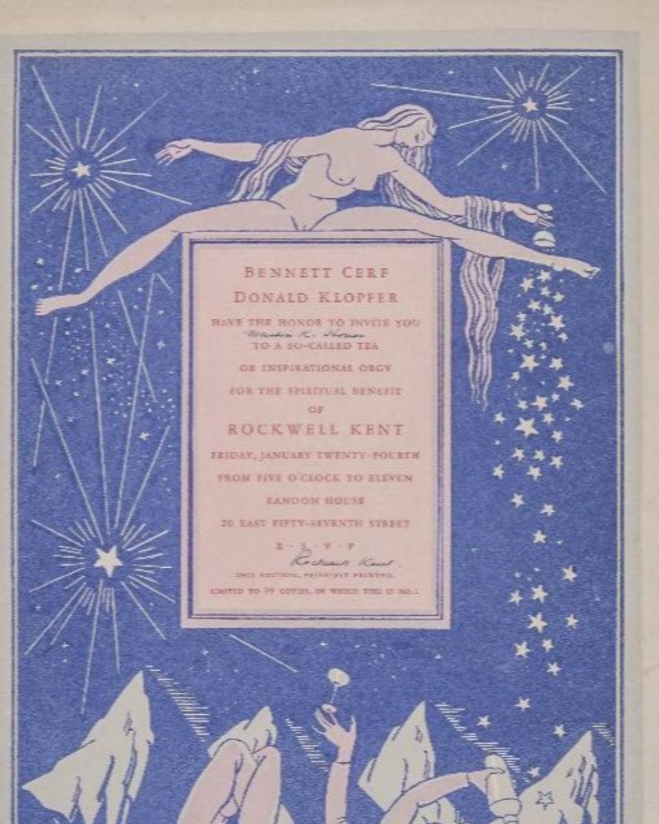 NewAuctions's tweet photo. Kent, Rockwell. Bennett Cerf. Donald Klopfer Have the Honor to Invite You...for the Spiritual Benefit of Rockwell Kent. Text within pictorial border by Kent. SIGNED BY KENT. (Jones 50). New York, [1930] ONE OF 400 COPIES printed by Elmer Adler https://t.co/1YeaAyGDMj https://t.co/V9W6NyPlUT