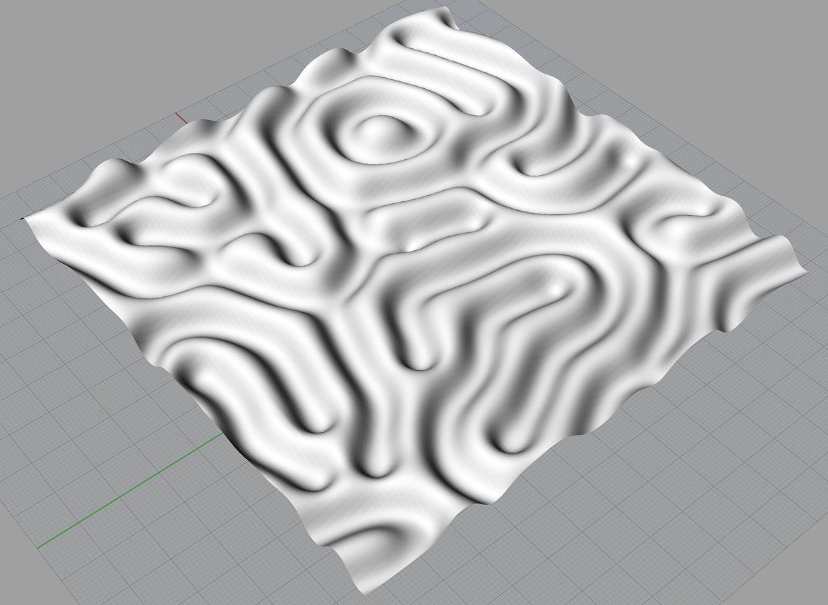 rezaali's tweet photo. I usually don't use #python, but when I do, its most likely #rhinopython! I exported the values of a reaction diffusion simulation to a file, parsed the file with python and created curves in #rhino, then lofted, etc. Might mill this out or laser cut slices #generative #form https://t.co/P3pmBUmHLe