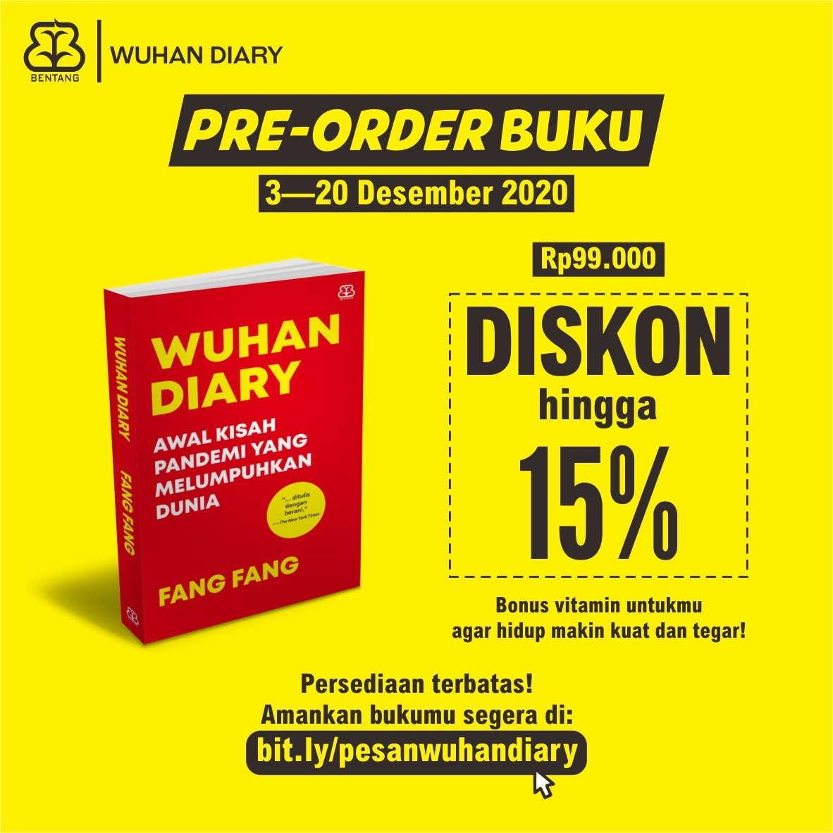bentangpustaka's tweet photo. Merapat, yuk! Ikutan PO Wuhan Diary di tautan ini: https://t.co/JOhEu3W4Gg.

#BukuWuhanDiary #WuhanDiary #FangFang #DiariWuhan #Wuhan #China #Pandemi #COVID19 #CoronaVirus #BentangPustaka #Nonfiksi #BukuNonfiksi #Wuhan #PreOrder #PreOrderBuku #Bookstagram #Bookworm #Yogyakarta. https://t.co/gtgynqjjRu