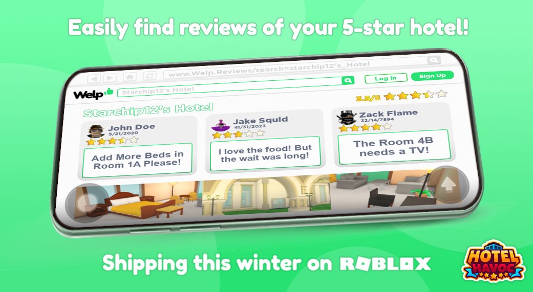 Upgrade your hotel to a 5-star MASTERPIECE with NPC feedback using the Welp👍 menu in our new game!

Only available in Hotel Havoc!~
Shipping this winter on <a href="/Roblox/">Roblox</a> 
#Roblox #RobloxDev