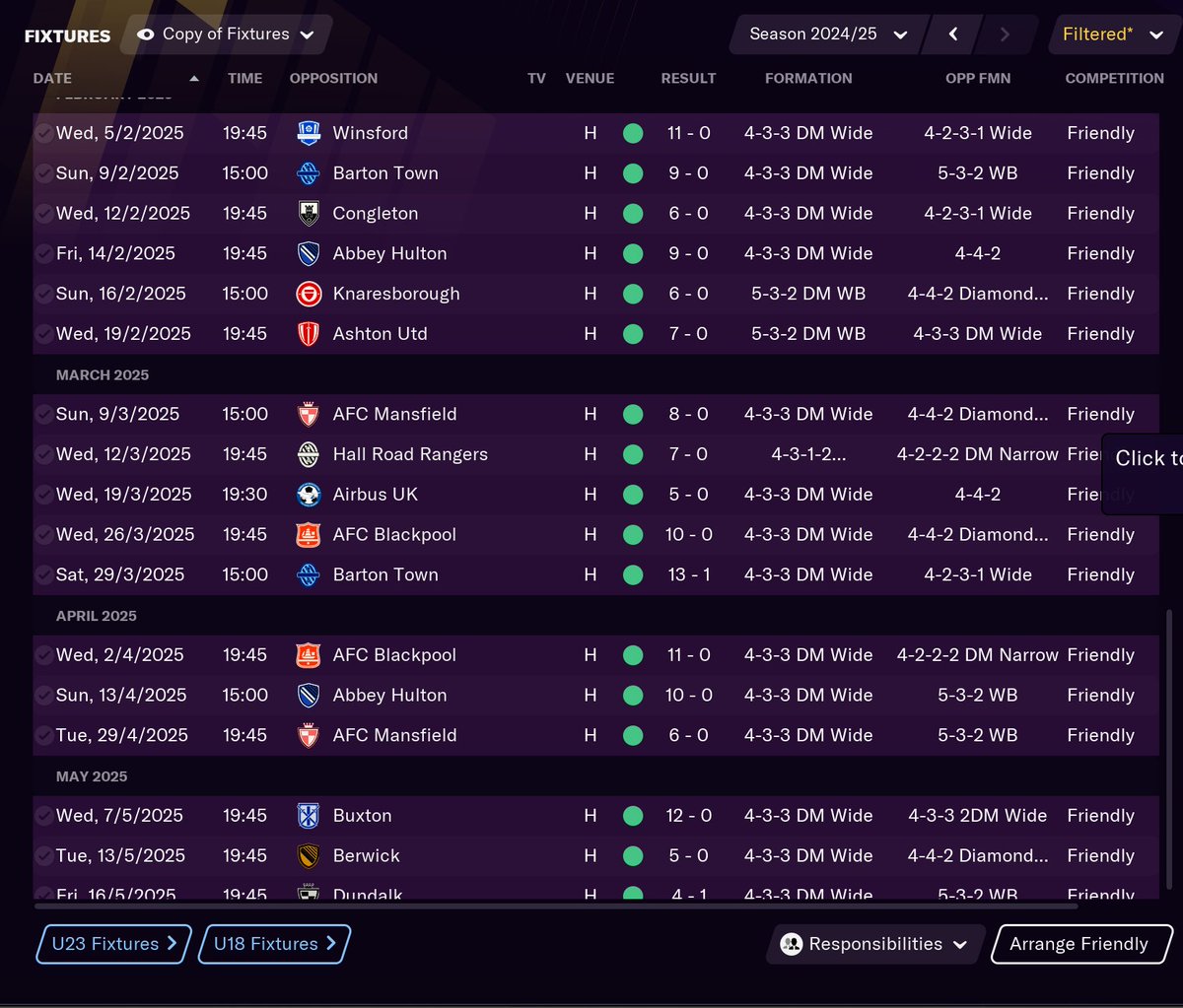 This is the amount of friendlies I played IN THE REGULAR SEASON. 33 friendlies played, 243 goals scored, 5 conceded (excluding pre-season friendlies)