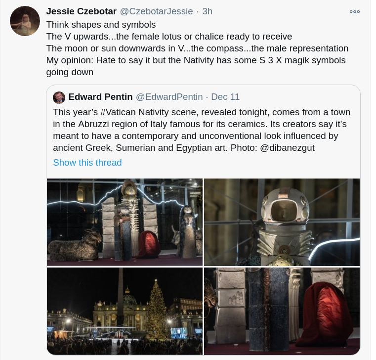 BrianGPowell's tweet photo. @CzebotarJessie Thanks Jessie for decoding this
My gut reaction is that one of them looks like their in a spacesuit--i.e. implying #JesusChrist{#AnnointedOne}, the entity that fulfilled over 100 prophesies--it implies he was an alien
Outrageous! Like so many lies #Jesuit #Pope has extolled https://t.co/XGTOaIRQo2
