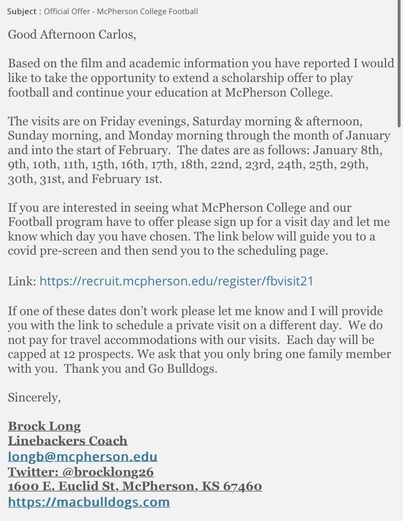 cnote_03's tweet photo. Excited to have received my 1st offer from McPherson College @MACBulldogsFB @BrockLong26 @STRAKEJESUITFB https://t.co/Z3AJZs8Nry