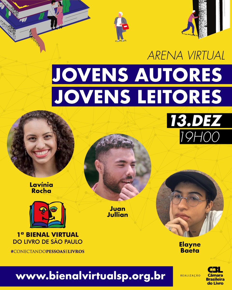Bienal do Livro SP (@bienaldolivrosp) on Twitter photo Hoje (13) às 19h, a <a href="/mayrasigwalt/">Mayra Sigwalt #MarcoTemporalNao</a> conversa com os escritores <a href="/elaynebaeta/">×</a>, <a href="/juanjullian_/">Juan Jullian ✍🏾</a> e <a href="/lavi_rocha/">Lavínia Rocha</a> sobre o que levou cada um a começar a escrever e como eles enxergam a literatura infantojuvenil no Brasil atual.
Acesse bienalvirtualsp.org.br para assistir. Hoje (13) às 19h, a <a href="/mayrasigwalt/">Mayra Sigwalt #MarcoTemporalNao</a> conversa com os escritores <a href="/elaynebaeta/">×</a>, <a href="/juanjullian_/">Juan Jullian ✍🏾</a> e <a href="/lavi_rocha/">Lavínia Rocha</a> sobre o que levou cada um a começar a escrever e como eles enxergam a literatura infantojuvenil no Brasil atual.
Acesse bienalvirtualsp.org.br para assistir.