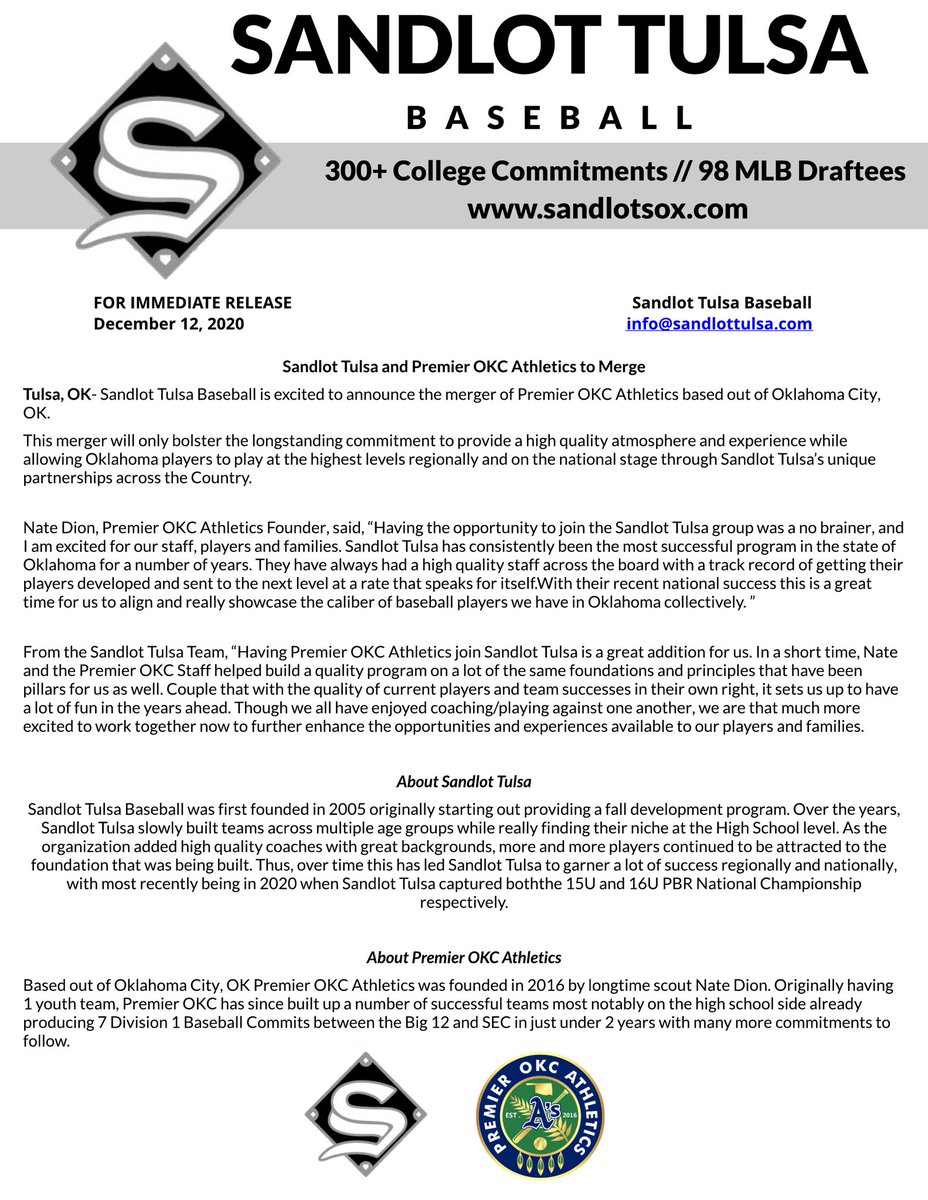 Sandlot_Tulsa's tweet photo. 🚨⚾️❗️Sandlot Tulsa and Premier OKC Athletics are joining forces. Press release below🚨⚾️❗️ https://t.co/xnmcQX7BMe