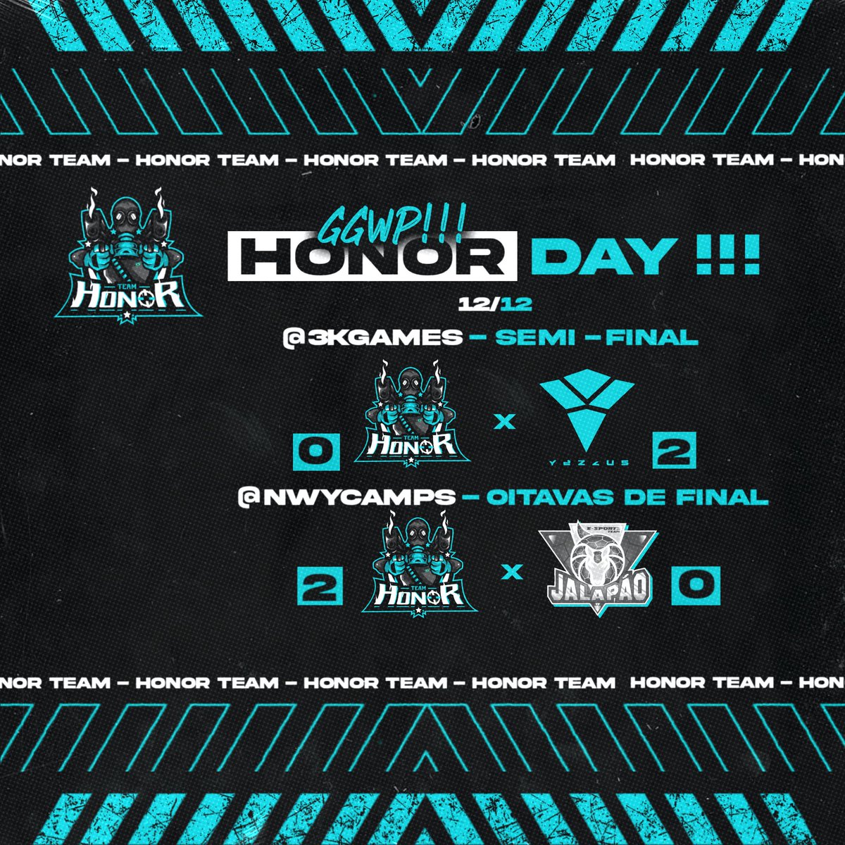 GGWP

Hoje infelizmente saímos com apenas uma vitória onde vencemos a equipe da <a href="/jalapaoesports/">Jalapão eSports</a> pela oitavas de finais da nwycamps pelo resultado de 2x0,e infelizmente saímos derrotados pela TNL na semi-final da 3Kgames.Agora é concerta os erros e foco no próximo!

#goHONOR💙🖤