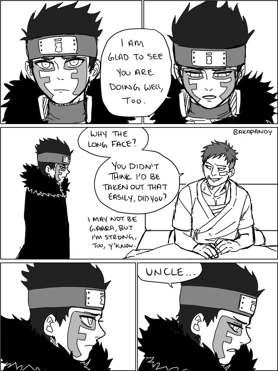A post-Shukaku arc comic...
Listen I know he has a similar conversation with Gaara at the Thunder Train station, but I just feel Shinki would still think about it a lot when he finally sees Kankurou
