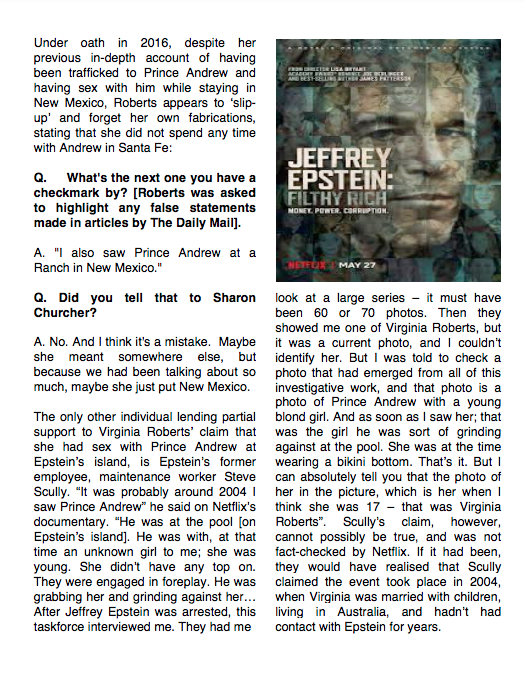 2/15. ... After being offered more cash, she said they'd slept together in London, New York, & New Mexico - going into vivid detail. She then, under oath, admitted she'd never been to New Mexico with Prince Andrew. She also changed her story to say it was Epstein's Island.