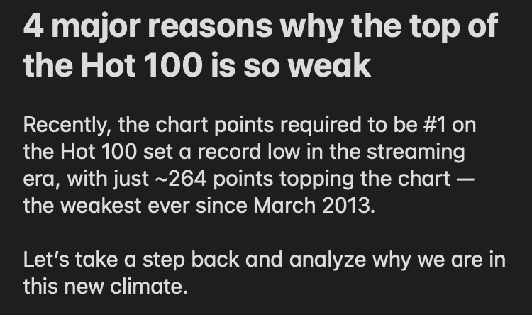  4 major reasons why the top of the Hot 100 chart is so weak: explaining the new chart climate in a thread.(1/7)