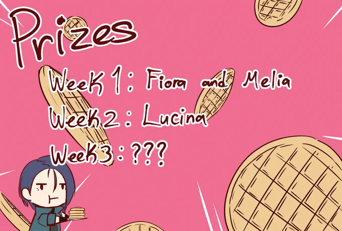 Here are the prizes for each week:
Week 1 Xenoblade: Fiora and Melia
Week 2 Fire Emblem: Lucina
Week 3 ??? Some already know what the grand prize is, but I'll still keep it hushed for those who don't know :) 