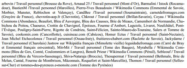 Crédits photos : la photo de la carte de France des fromages est de Christian Muglia de "La fromagerie du village" à Saint-Priest et les auteurs des photos des fromages sont listés sur l'image ci-dessous.