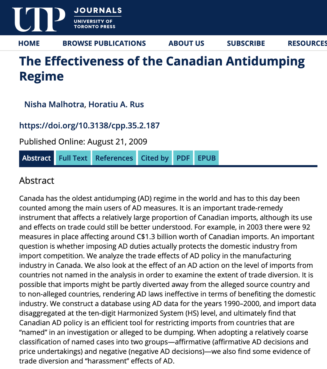 NishaEcon's tweet photo. Trade policies - Antidumping use in Canada.
Evidence of trade diversion and “harassment” effects of AD.
As trade wars heat up so do ADs
Looking at the trade effects of tariffs for Canada.
#EconTwitter #trade #tariff #canpoli #econ355
https://t.co/mMfInJVGuv
@utpjournals https://t.co/mtfuIW1IjE
