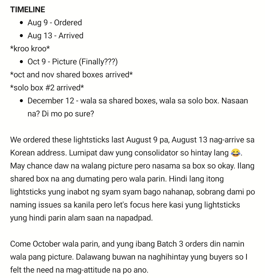 CheongdamGO's tweet photo. @Kpopmerchsrtph @AYoursPH @MarieHunyo
#ShipItFeedbacks #AYoursPhFeedbacks

Ubos na ubos na pasensya namin, kailangan pa ata muna i-post bago magkaroon ng sense of urgency.

Ikaw na po mag-explain sa buyers namin kung bakit hanggang ngayon wala pa lightsticks nila. [1] https://t.co/k0A5jsC4LK