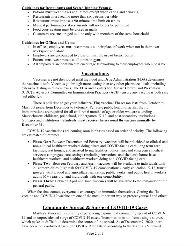Here are important COVID-19 updates regarding  @MassGov rollback to  @MassGovernor Reopening Plan Phase 3: Step 1,  #Flu and  #COVID19 vaccinations, community spread on Martha’s Vineyard, and additional resources in English.