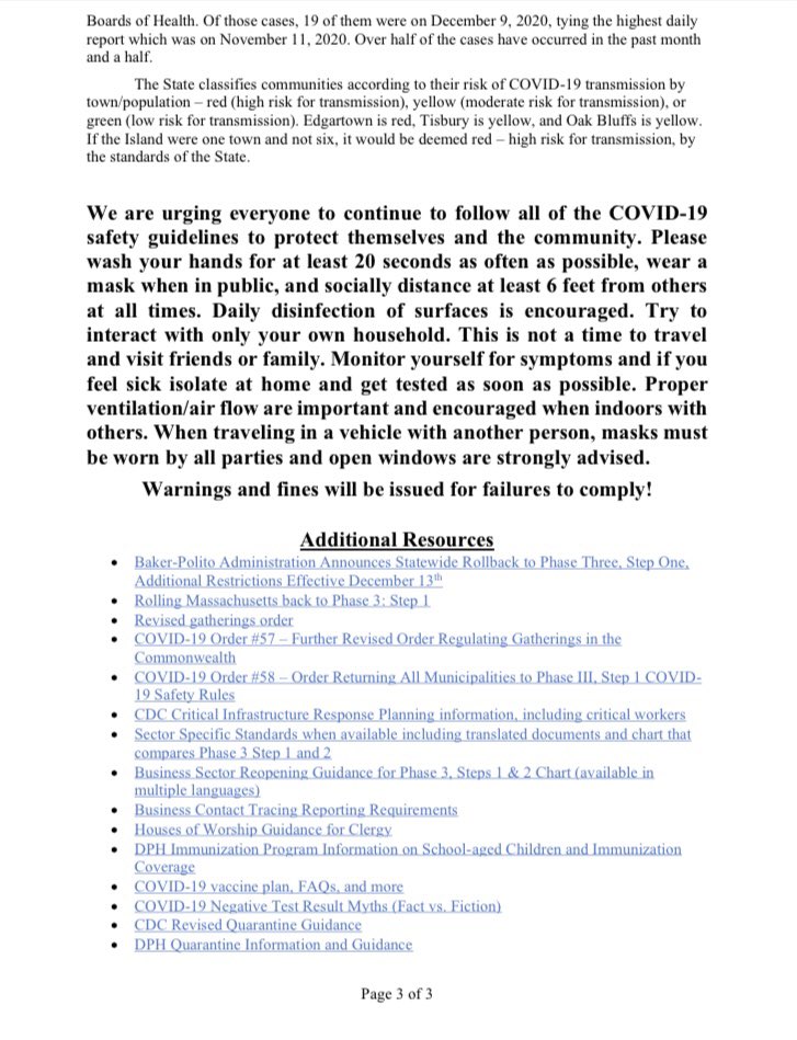 Here are important COVID-19 updates regarding  @MassGov rollback to  @MassGovernor Reopening Plan Phase 3: Step 1,  #Flu and  #COVID19 vaccinations, community spread on Martha’s Vineyard, and additional resources in English.
