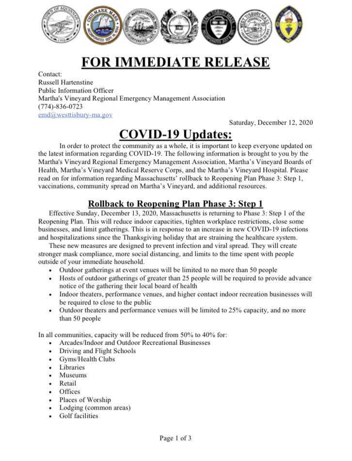 Here are important COVID-19 updates regarding  @MassGov rollback to  @MassGovernor Reopening Plan Phase 3: Step 1,  #Flu and  #COVID19 vaccinations, community spread on Martha’s Vineyard, and additional resources in English.