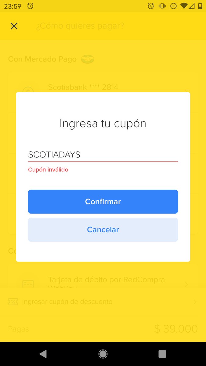 No funciona la promoción de Mercadolibre @ML_Ayuda con @Scotiabank_CL. Dice que el cupón es inválido y ya se vence mañana el plazo para usarlo! <a href="/SERNAC/">SERNAC</a>