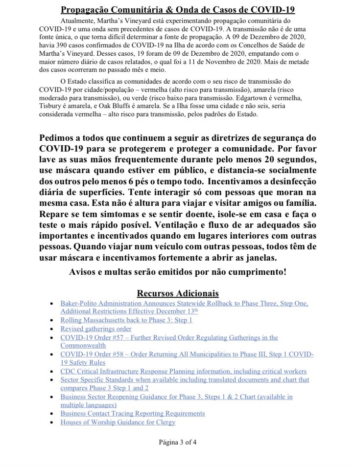 Here are important COVID-19 updates regarding  @MassGov rollback to  @MassGovernor Reopening Plan Phase 3: Step 1,  #Flu and  #COVID19 vaccinations, community spread on Martha’s Vineyard, and additional resources in Portuguese.