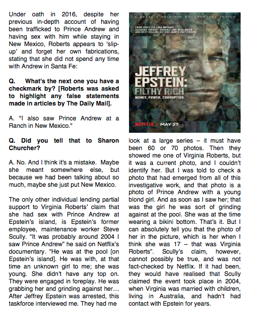 6/15 Virginia never stated that she'd had any sexual encounters of Epstein's island - only selling the claim after being caught out lying about having sex with Andrew in N.Mexico. Netflix peddled this new claim, failing to realise that it couldn't be possible: