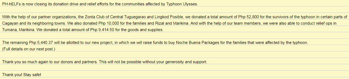 PHhELFs's tweet photo. Hello!

PH-hELFs is now closing its donation drive and relief efforts for the communities affected by Typhoon Ulysses. 

You may also click this link for the full financial report:  https://t.co/dMPnV0EnFm

#SJ_Gives_hELF 💙 https://t.co/lkI5HF1Wzp