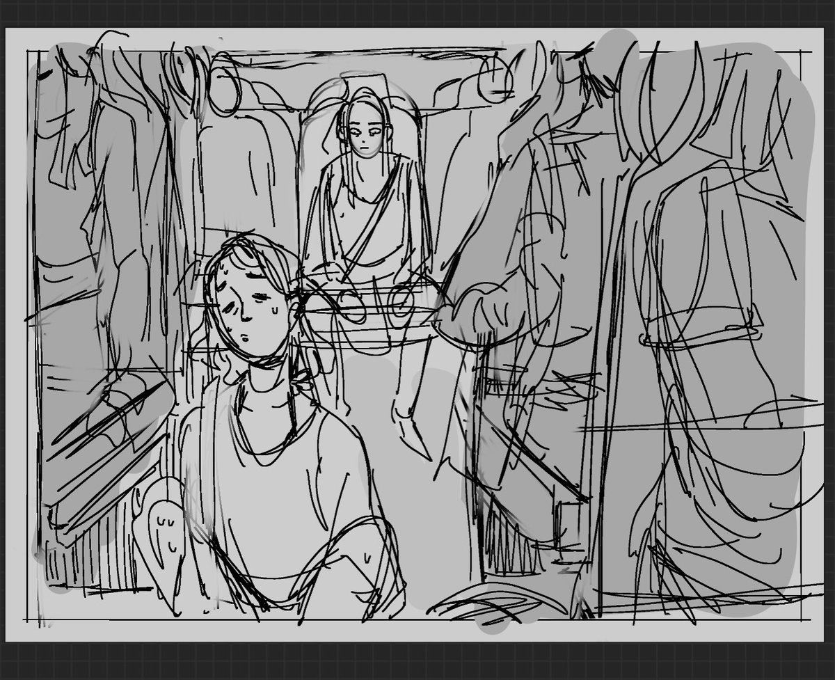 the sketch is a mess but my first assignment for storyboard class is to narrate smth that happened in at least 6 panels,, anyway this panel looks cool 