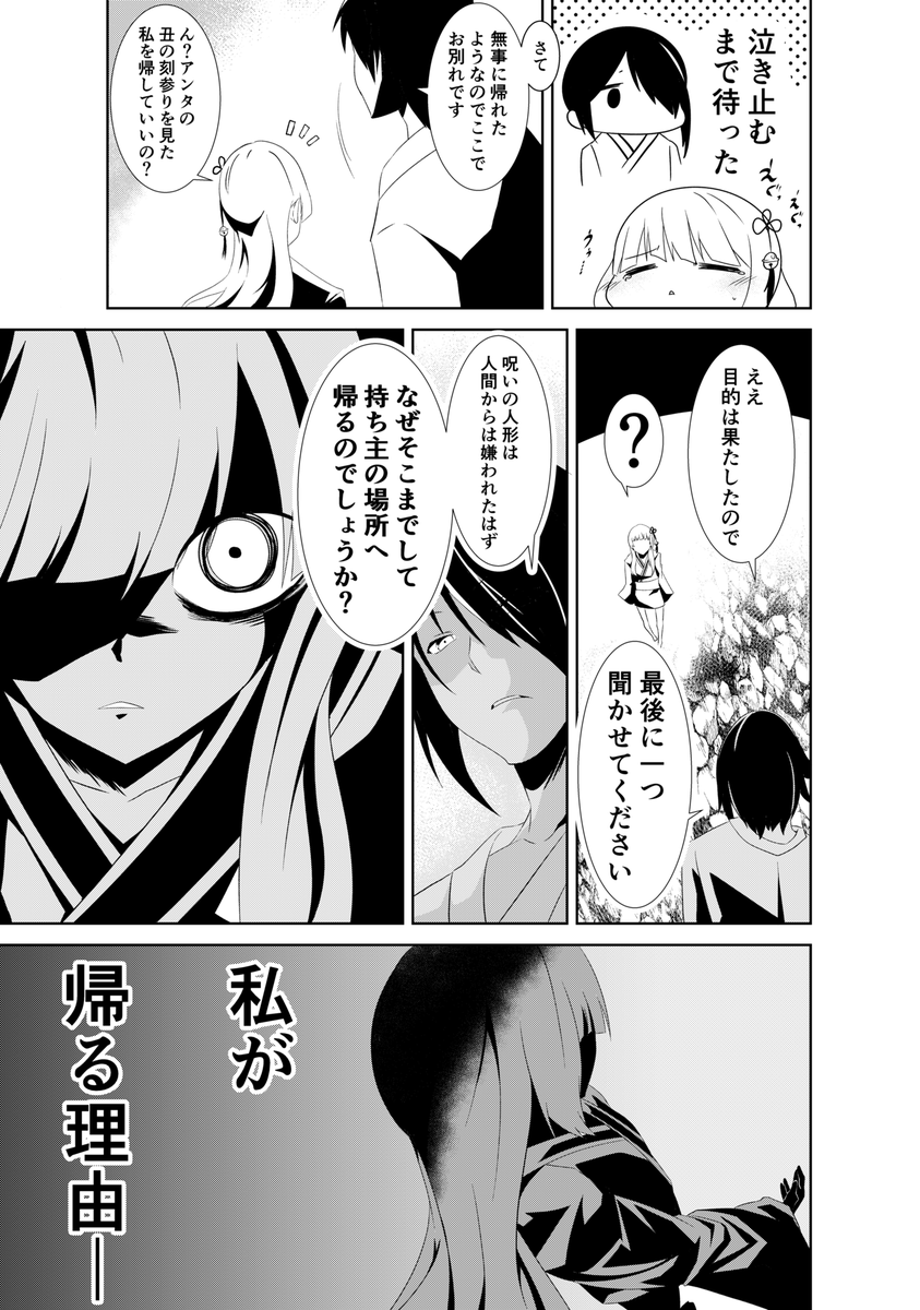 「呪い人形は帰宅中」(4/4)
捨てられた呪い人形が持ち主のところへ帰る話です 