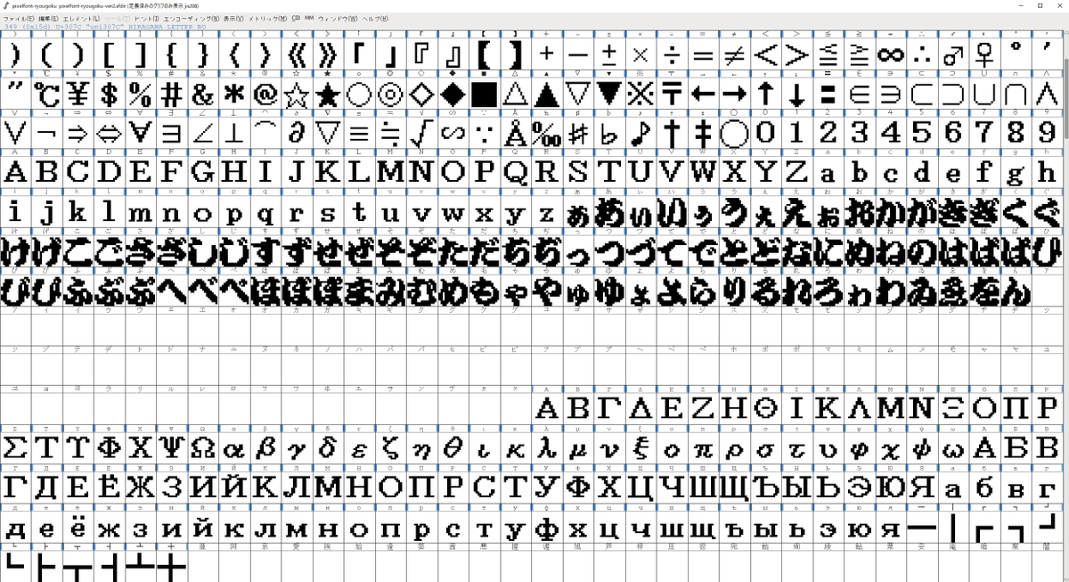 栃 ユズノカ フォント ドット文字 ひらがなをトレース 英数字や多くの記号はドット文字シリーズの 有明 と共通です