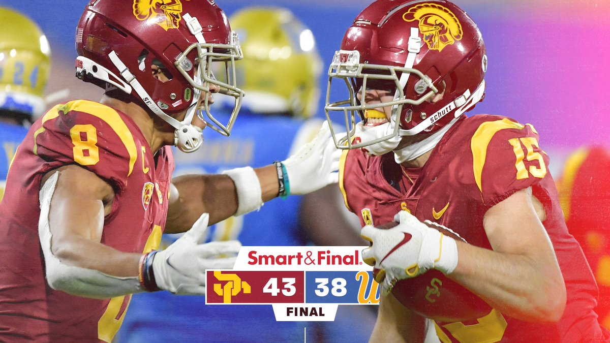 USC_Athletics's tweet photo. FINAL: @USC_FB 43, UCLA 38

Trojans win a thriller at the Rose Bowl to finish the regular season 5-0!

#FightOn https://t.co/84OYxxyFvo