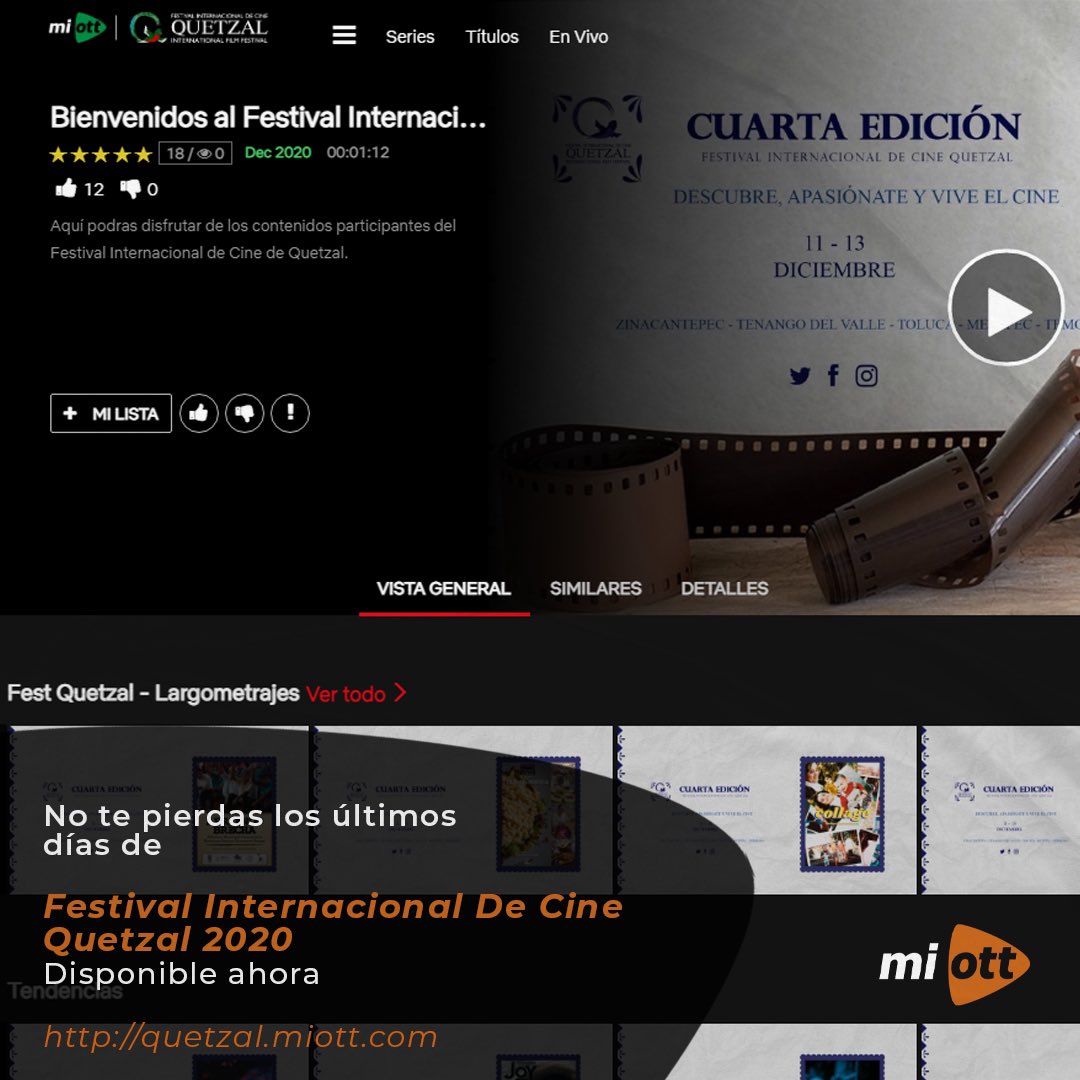 mi_ott's tweet photo. Podrás ver todo el contenido del Festival Internacional de Cine Quetzal totalmente gratuito en su cuarta edición en la plataforma hasta el 13 de diciembre.
#miott #festivaldecine https://t.co/rnLpojFRGK