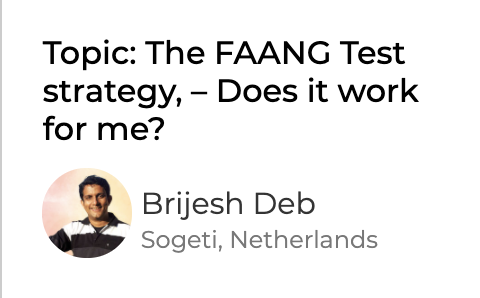 SanjayKumaarr's tweet photo. "The FAANG Test strategy, – Does it work for me?" hear it from @brijeshdeb. He is live on Track 4 #ATAGTR2020
@TestingRetreat @AgileTAlliance #conf2020 https://t.co/KIePMz09IR