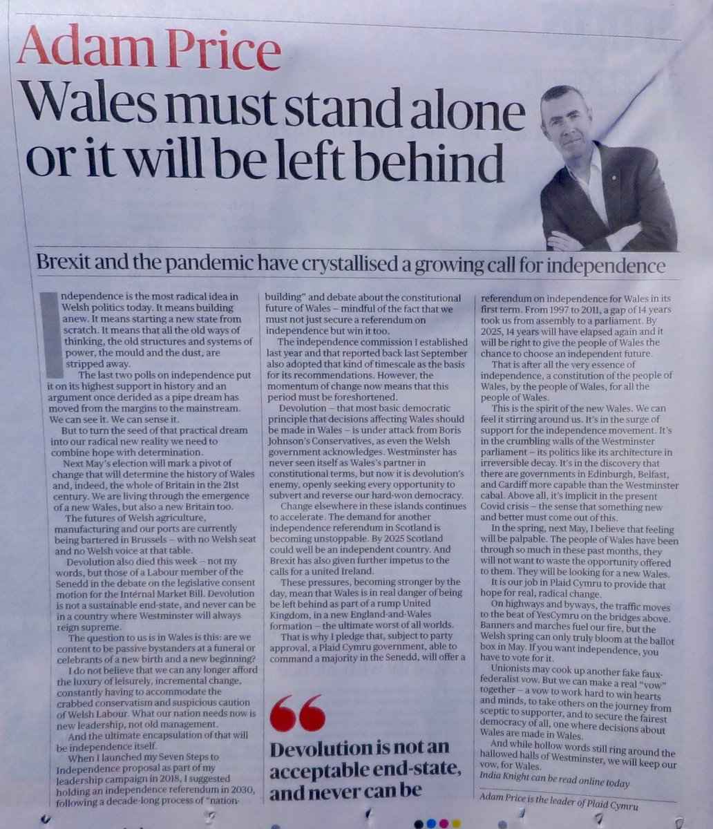 Darn <a href="/Adamprice/">Adam Price 🏴󠁧󠁢󠁷󠁬󠁳󠁿🏳️‍🌈</a> yn y Sunday Times

‘The Welsh spring can only truly bloom at the ballot box in May. 
If you want independence, you have to vote for it’

#IndyWales or Westminster scraps shackled to England-and-Wales? 
Vote for hope.
Vote for Wales. 
#DrosCymru