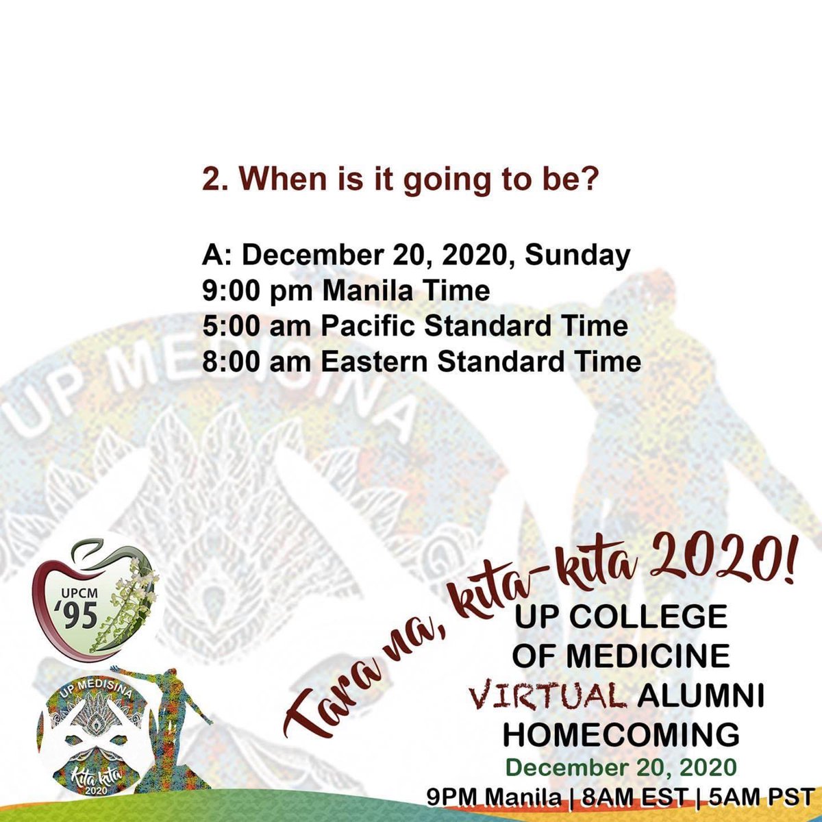 UPCM1995's tweet photo. UPCM Virtual Homecoming FAQs ⅜

Multiple platforms, different time zones, and an avalanche of memes. We understand that the virtual homecoming can be a bit confusing. We gathered together some of the most frequently asked questions about this year’s homecoming and answered them. https://t.co/gZyysXGgDq