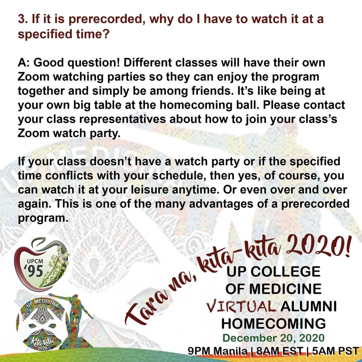 UPCM1995's tweet photo. UPCM Virtual Homecoming FAQs 4/8

Multiple platforms, different time zones, and an avalanche of memes. We understand that the virtual homecoming can be a bit confusing. We gathered together some of the most frequently asked questions about this year’s homecoming and answered them https://t.co/S82H1FpU75