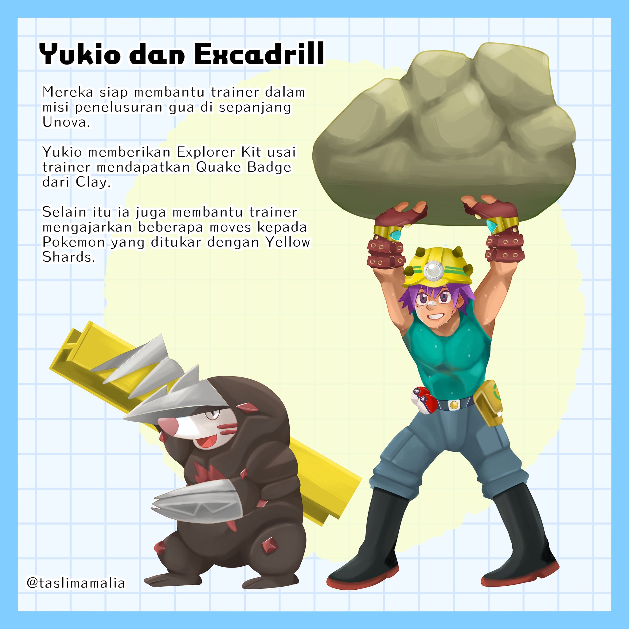Taslimamalia Pokemon Bw Oc Yukio And Excadrill Ready To Help Trainer To Explore Unova Cave After Trainer Get Quake Badge From Clay He Will Approach Trainer And Gives Explorer Kit