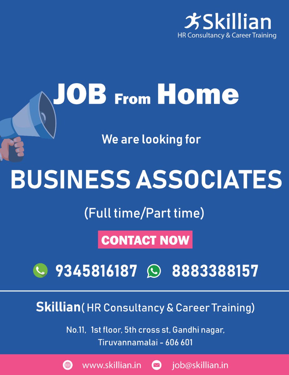 We are hiring Business Associates with Good Communication and Customer service skills!!

Reach us to grab the Chance..!

Interested Candidates can Call/WhatsApp us @ +91 8883388157 (or)

Mail your resume:job@skillian.in

#jobs
#workfromhome
#businessassociates
#jobsearching