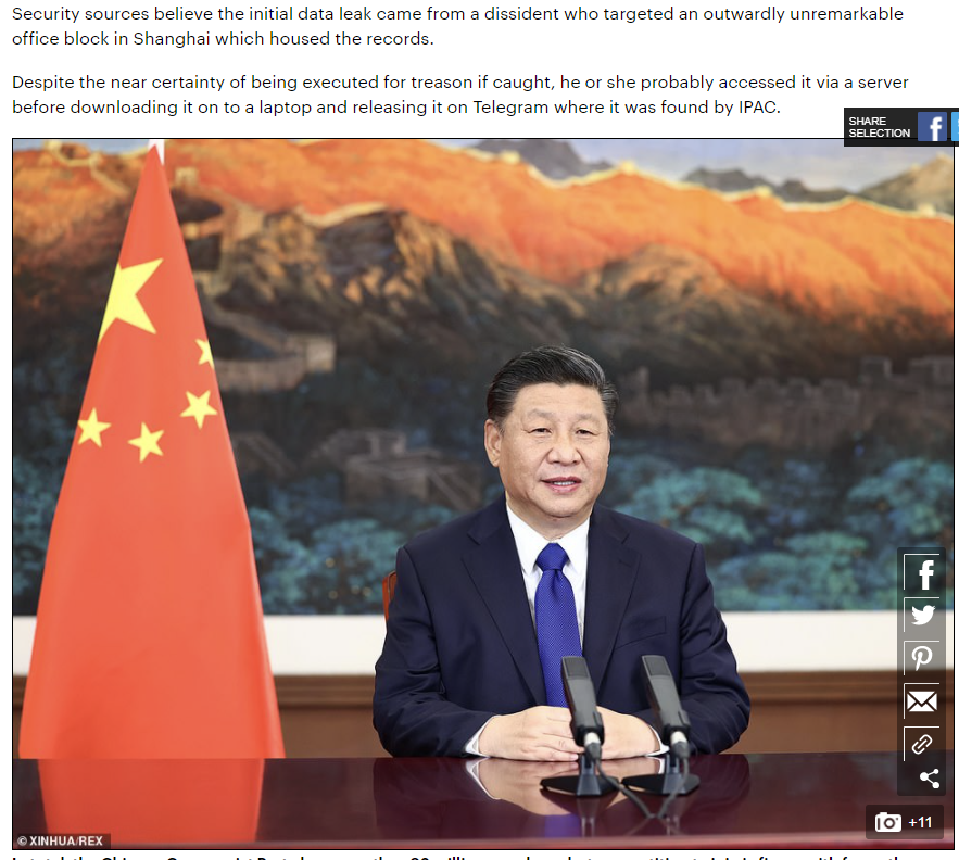 13. Leak method"Dissident who targeted an outwardly unremarkable office block in Shanghai which housed the records.Despite the near certainty of being executed for treason if caught, he or she probably accessed it via a server before downloading.. and releasing it on Telegram"