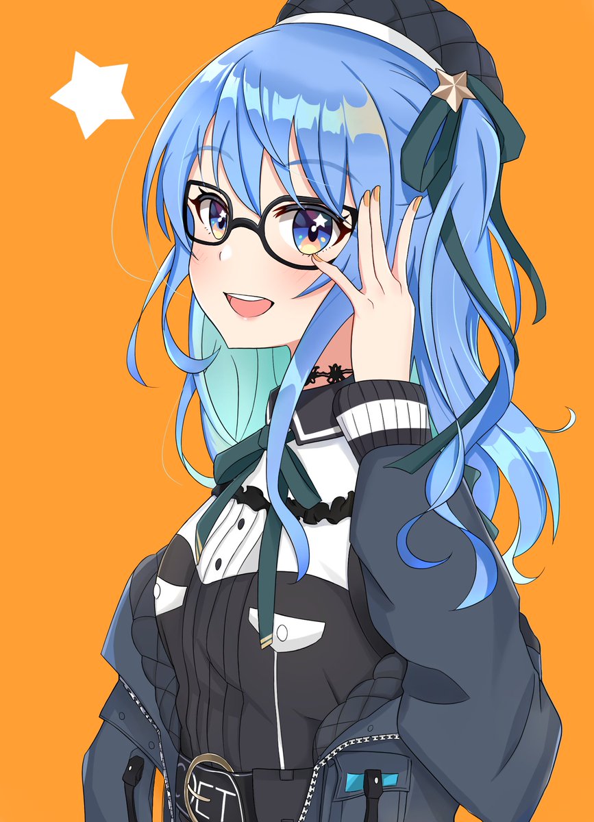 hoshimachi suisei 1girl solo blue hair hat orange background glasses blue eyes  illustration images