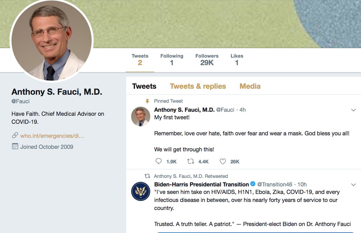 First off, the (subsequently suspended)  @Fauci account sent what it claimed was its first tweet in December 2020, despite being created in 2009. It's also potentially odd that Fauci would retweet the Biden transition team while still working for the Trump administration.