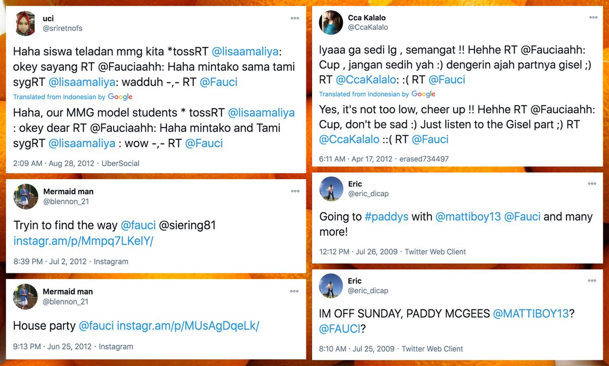 Secondly, we looked at old tweets tagging  @Fauci, and most of them don't appear to have much to do with virology or any other medical topic. Some are in Indonesian, which as far as we have been able to discern, the real Dr. Fauci does not speak.