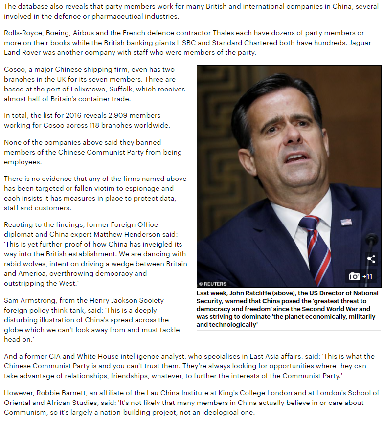 21. The database also reveals that party members work for many British and international companies in China, several involved in the defence or pharmaceutical industries.